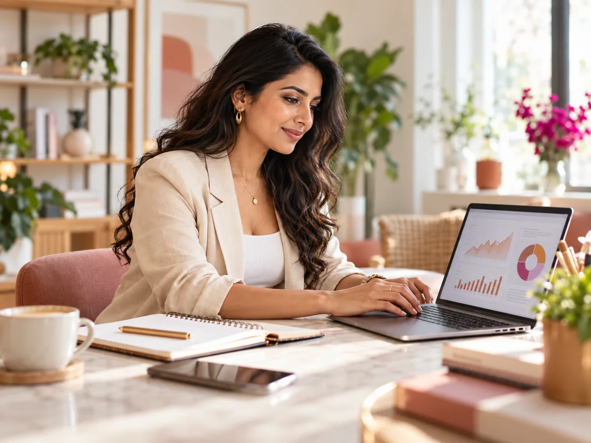 Woman reviewing marketing analytics on a laptop